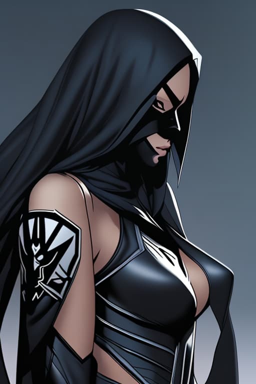  superhero that's a black girl she wears a really cool + sleek and modern costume make sure she has a cool mask draw inspiration form (an assassin, black widdow and so on) make sure she looks cool and in the photo have her helping people with drug abuse problems