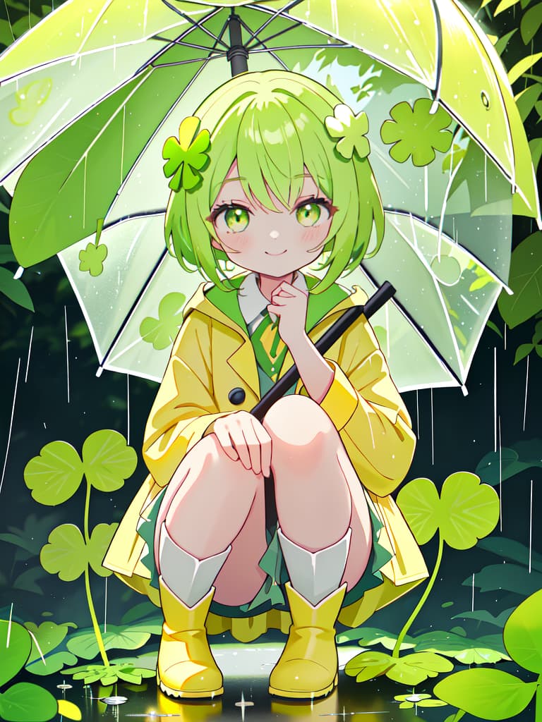  Staring at the four leaf clover with an umbrella in the rain, a yellow raincoat and a yellow green haired girl with boots, crouching and staring at the four leaf clover on the ground and staring with a smile., masterpiece, best quality,8k,ultra detailed,high resolution,an extremely delicate and beautiful,hyper detail