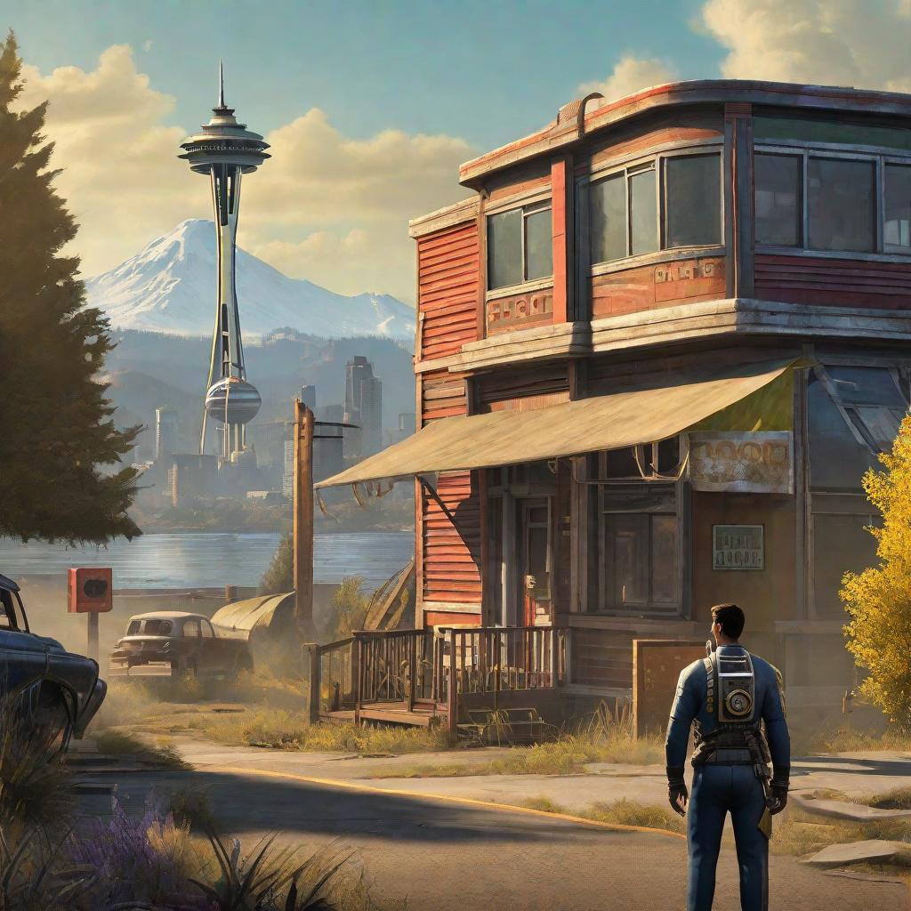  masterpiece, best quality, fallout game set in the pacific north west with space needle in the background and a person with power amor in the foreground