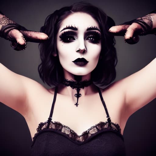  (((four arms))) beautiful female with 4 arms(full body photography)gorgeous Female model with gothic style makeup wearing  black lace,, short hair, dark hair,