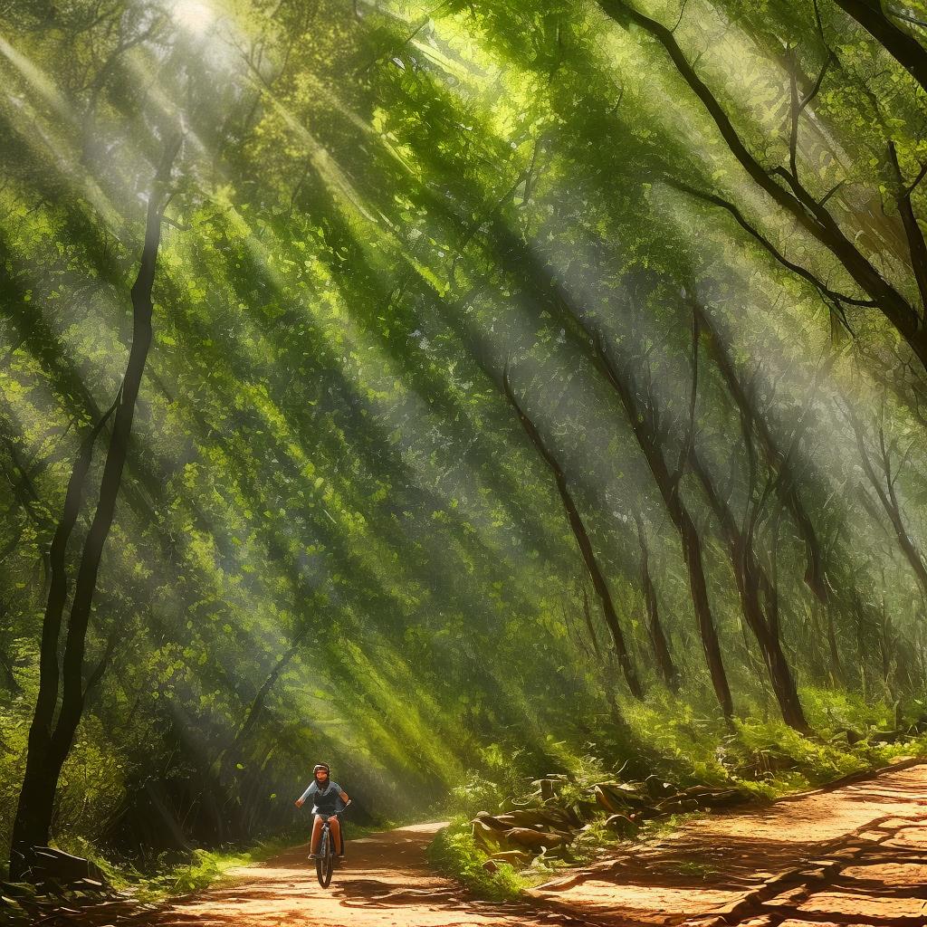  masterpiece, best quality, A young woman riding a bicycle along a narrow forest path. The sunlight filters through the dense foliage, creating dappled shadows on the ground. The atmosphere is serene and peaceful, with a sense of adventure in the air. The style is a vibrant and realistic photograph, capturing the beauty of nature and the joy of cycling. The lighting is natural, with the sun casting warm rays through the leaves. The realization is a high-resolution photograph taken with a DSLR camera, using a wide-angle lens to capture the vastness of the forest and the girl's joyful expression.