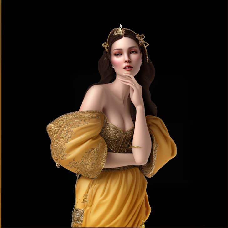 mdjrny-v4 style Create an avatar of a female character in a Medieval style. The character should be dressed in authentic Medieval clothing, such as a long dress with intricate patterns or a gown with elegant embroidery. Her hair should be styled in a historically accurate manner, such as braids. She should have a graceful and noble posture, reflecting the etiquette of Medieval times. Accessories like jewelry or a crown can be included to enhance her regal appearance. The background should depict a Medieval setting, such as a castle courtyard or a noble estate, to complete the historical theme.