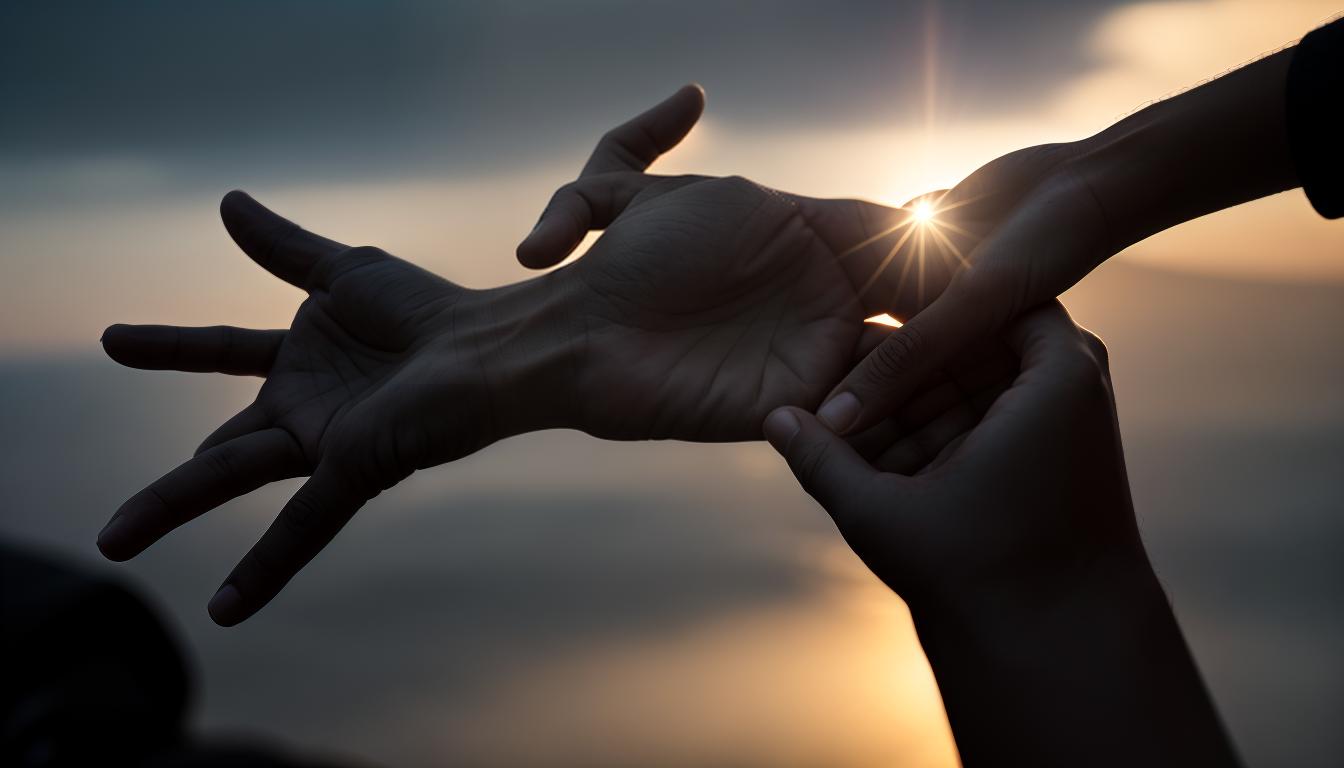  cinematic, aesthetic, A hand reaching out in an open, helping gesture, surrounded by soft light, support, intention, 4k, HDR, lens flare