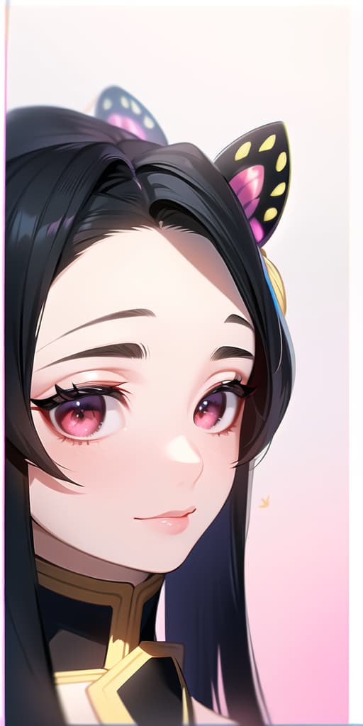  The hairstyle of Phadowa Kanae is a simple hairstyle with straight long black hair. The bangs are also divided into the center as Shinobu, and the length of the mouth is just right. Then, attach a pink butterfly hair ornament around the ears on both sides., (Masterpiece, BestQuality:1.3), (ultra detailed:1.2), (hyperrealistic:1.3), (RAW photo:1.2),High detail RAW color photo, professional photograph, (Photorealistic:1.4), (realistic:1.4), ,professional lighting, (japanese), beautiful face, (realistic face)