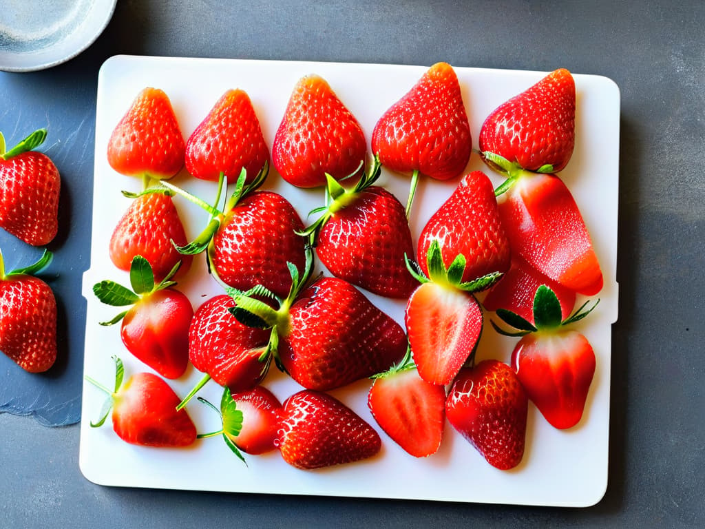  A closeup, ultradetailed image of vibrant red strawberries and juicy watermelon chunks neatly arranged on a sleek, modern white marble cutting board. The strawberries glisten with droplets of water, and the watermelon pieces are perfectly cubed, showcasing their fresh, juicy texture. The image captures the essence of summer freshness and the key ingredients for homemade watermelon and strawberry ice pops, enticing the audience with its colorful and appetizing appeal. hyperrealistic, full body, detailed clothing, highly detailed, cinematic lighting, stunningly beautiful, intricate, sharp focus, f/1. 8, 85mm, (centered image composition), (professionally color graded), ((bright soft diffused light)), volumetric fog, trending on instagram, trending on tumblr, HDR 4K, 8K