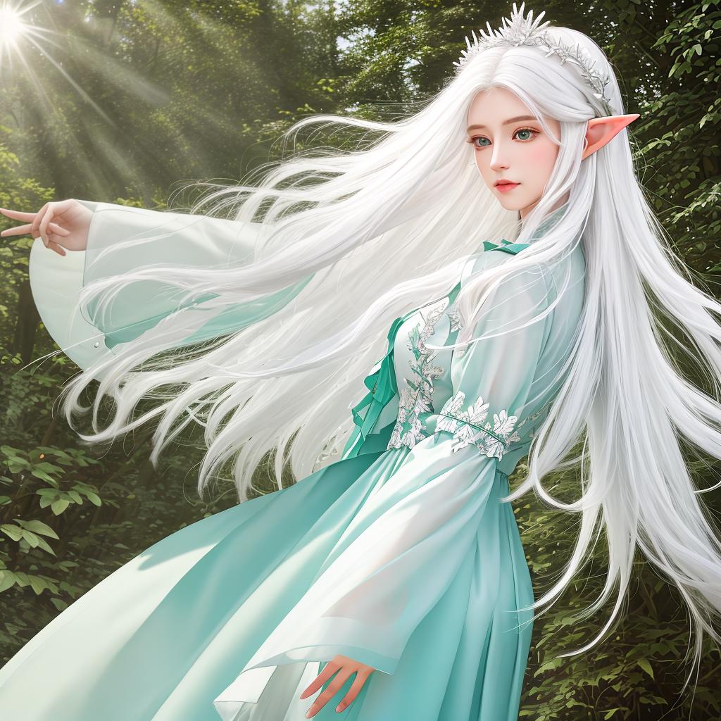  masterpiece, best quality, (masterpiece, best quality, high quality, super detail), realism, 1 sweet , bigger,(side id:1.1), long hair,((white hair)), leaf hair accessory, elf, green eyes, pale skin, bare , jewelry, white dress,(separated sleeves:1.1), celet,(away from sight:1.2),(hair floating:1.3), from side,(in forest:1.3),(lens flare from right:1.2)