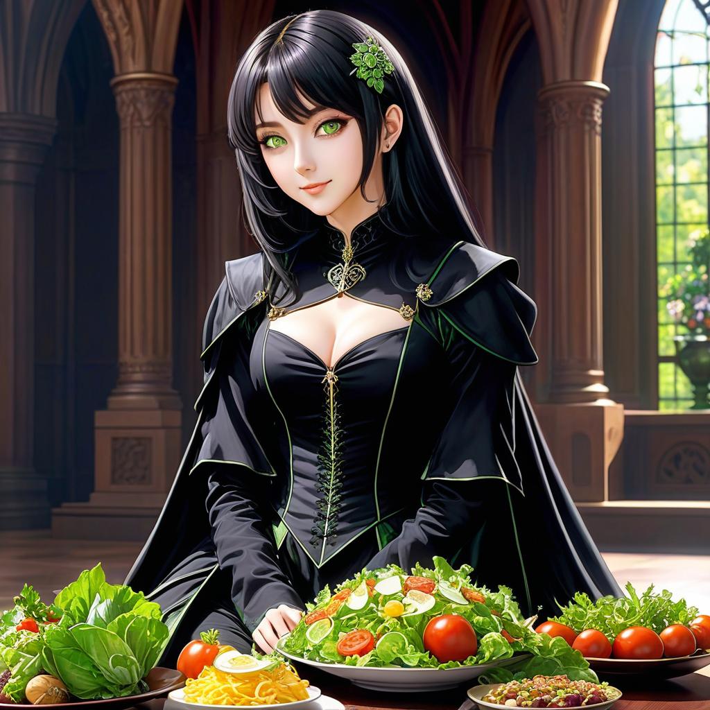  A young, slim gothic anime with distinctively green eyes reflecting the sheen of a salad, her entire body in the frame, wearing a short royal surcoat with bootcut pants and chubby shoes, her hair reaching down to her shoulders in color black, her character characteristic of modesty, she umes a position of sitting on her with her entire body turned to the viewer, a black fluffy kitten is by her side, high detail, high resolution, a gothic castle background, a pale moon, night, starry sky, anime. hyperrealistic, full body, detailed clothing, highly detailed, cinematic lighting, stunningly beautiful, intricate, sharp focus, f/1. 8, 85mm, (centered image composition), (professionally color graded), ((bright soft diffused light)), volumetric fog, trending on instagram, trending on tumblr, HDR 4K, 8K