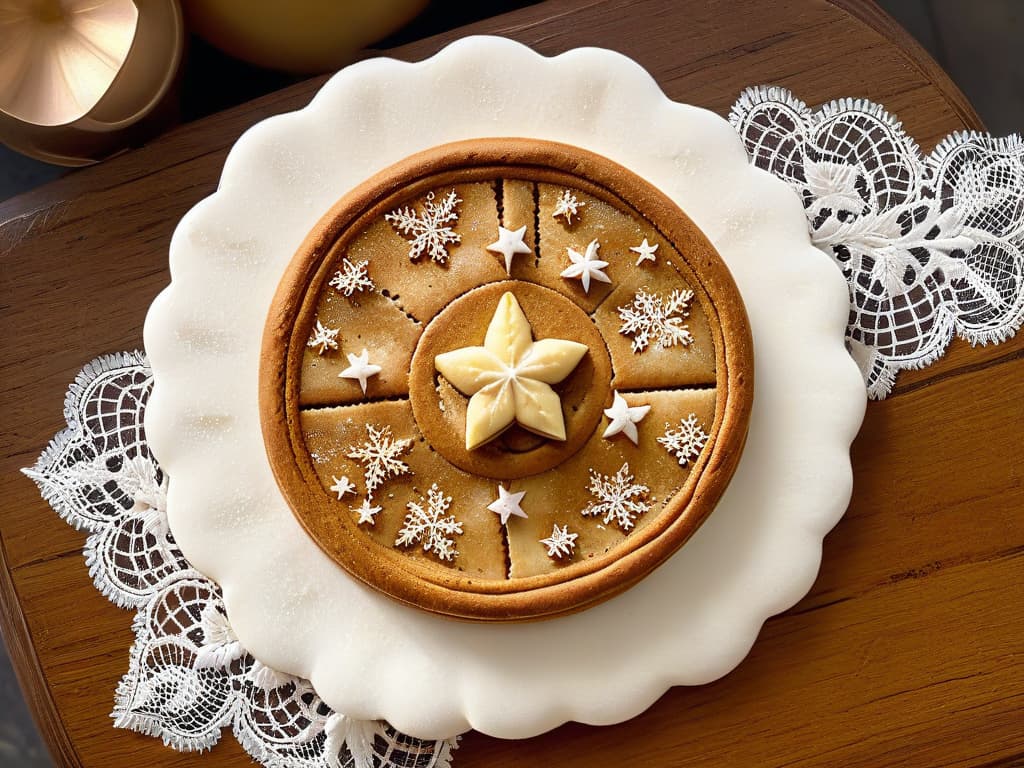  A closeup, ultradetailed image of a perfectly round, goldenbrown spiced butter cookie resting on a delicate white lace doily, with a sprinkling of cinnamon and star anise powder dusted on top, showcasing the intricate crisscross pattern imprinted on the cookie's surface. The cookie is set against a soft, blurred background of a rustic wooden table, capturing the warmth and essence of the holiday season in a simple yet elegant composition. hyperrealistic, full body, detailed clothing, highly detailed, cinematic lighting, stunningly beautiful, intricate, sharp focus, f/1. 8, 85mm, (centered image composition), (professionally color graded), ((bright soft diffused light)), volumetric fog, trending on instagram, trending on tumblr, HDR 4K, 8K