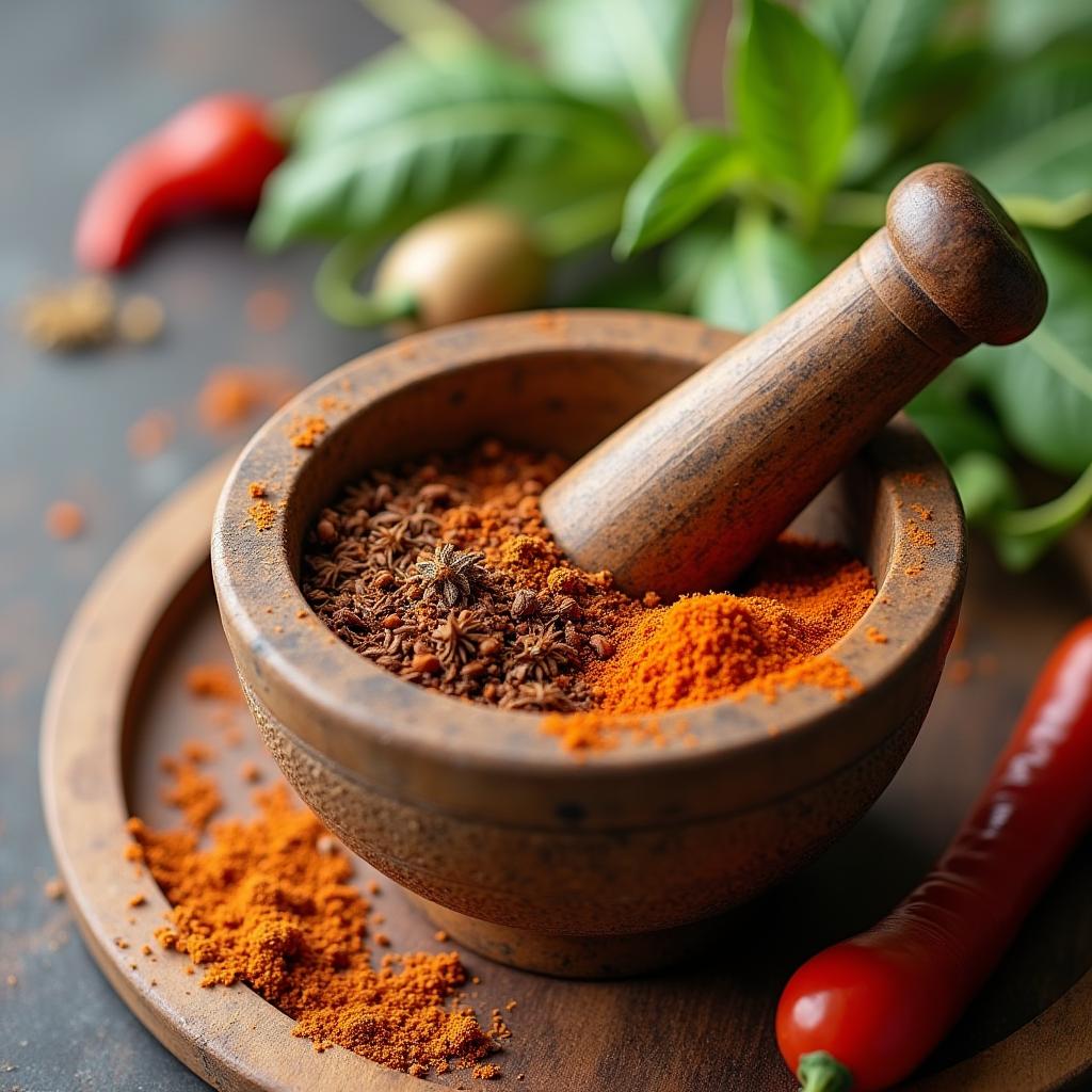  good quality, high quality, a close up of spices in a mortar and pestle with a clean, empty kitchen background. the open space around the mortar and pestle is ideal for text placement