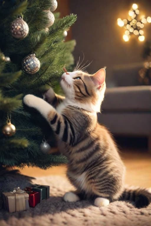  cat grabs a christmas tree, cute, hyper detail, full HD hyperrealistic, full body, detailed clothing, highly detailed, cinematic lighting, stunningly beautiful, intricate, sharp focus, f/1. 8, 85mm, (centered image composition), (professionally color graded), ((bright soft diffused light)), volumetric fog, trending on instagram, trending on tumblr, HDR 4K, 8K