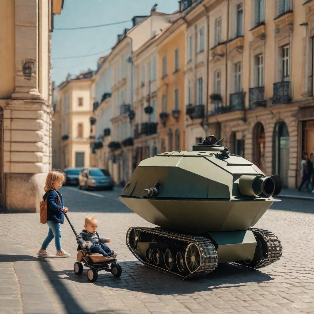  stroller in the shape of a tank, a cute is sitting in this tank, a mother in a short is walking next to him, street, sunny weather, cute, hyper detail, full HD hyperrealistic, full body, detailed clothing, highly detailed, cinematic lighting, stunningly beautiful, intricate, sharp focus, f/1. 8, 85mm, (centered image composition), (professionally color graded), ((bright soft diffused light)), volumetric fog, trending on instagram, trending on tumblr, HDR 4K, 8K