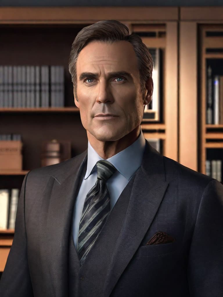  3D rendering of Dr. James Wilson from the TV series 'House M.D.'. The character resembles actor Robert Sean Leonard, with his clean cut appearance, kind eyes, and professional demeanor. He is wearing a suit with a dress shirt and tie, looking composed and thoughtful. The scene is set in his office, with bookshelves, medical certificates on the wall, and a comfortable chair. Dr. Wilson is holding a medical chart and has a warm, empathetic expression on his face. hyperrealistic, full body, detailed clothing, highly detailed, cinematic lighting, stunningly beautiful, intricate, sharp focus, f/1. 8, 85mm, (centered image composition), (professionally color graded), ((bright soft diffused light)), volumetric fog, trending on instagram, trending on tumblr, HDR 4K, 8K