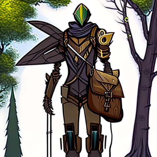 estilovintedois nature background warforged his body fully is a tree body robot behind him it's a large satchel bag he holding a long bow in his hand in large satchel bag is arrow he wereing ranger clothes