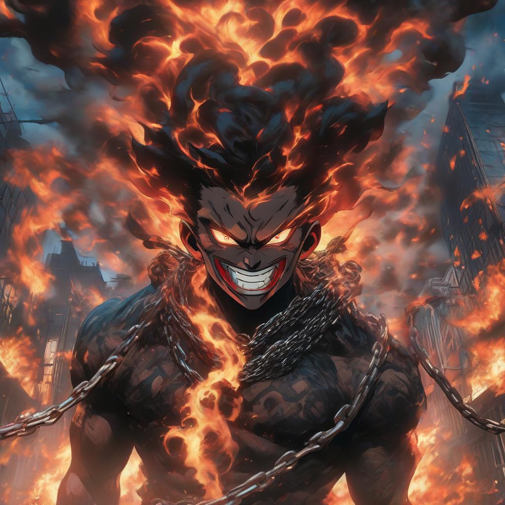  hyperrealistic art a demonic demon with chains around his neck, city on fire background, detailed anime character art, prisoner, kimetsu no yaiba, streaming on twitch, human torch, absolutely outstanding image, rising from the void, killua zoldyck portrait, the shackled, blue on black, douglas smith, loadscreen . extremely high resolution details, photographic, realism pushed to extreme, fine texture, incredibly lifelike hyperrealistic, full body, detailed clothing, highly detailed, cinematic lighting, stunningly beautiful, intricate, sharp focus, f/1. 8, 85mm, (centered image composition), (professionally color graded), ((bright soft diffused light)), volumetric fog, trending on instagram, trending on tumblr, HDR 4K, 8K