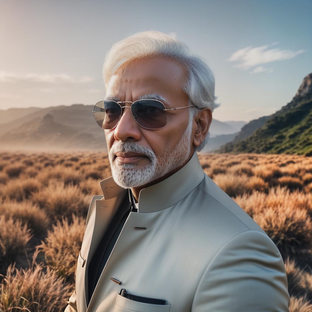  photograph of Modi in sunglasses hyperrealistic, full body, detailed clothing, highly detailed, cinematic lighting, stunningly beautiful, intricate, sharp focus, f/1. 8, 85mm, (centered image composition), (professionally color graded), ((bright soft diffused light)), volumetric fog, trending on instagram, trending on tumblr, HDR 4K, 8K