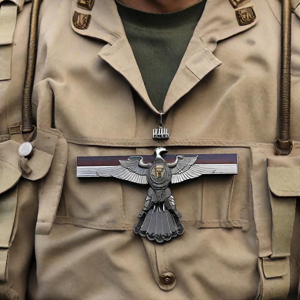  masterpiece, best quality, A standing soldier holds in his hand a military necklace engraved with the name Khaled at a military training site