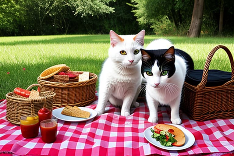  2 cats are having a picnic