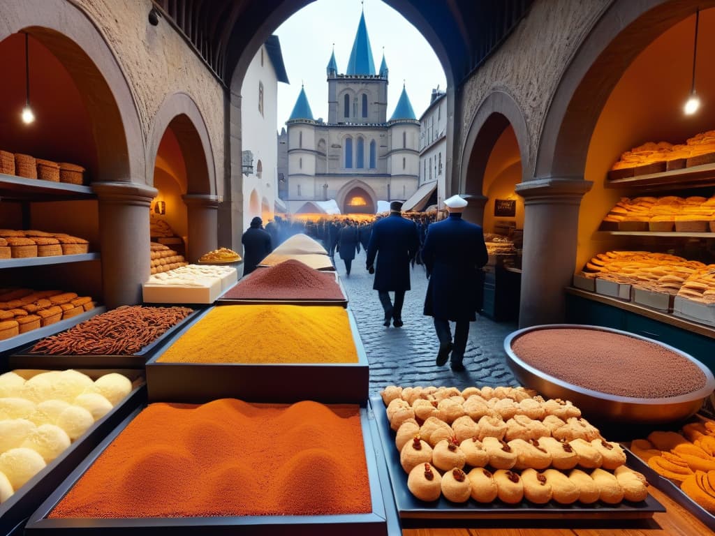  A photorealistic image of a bustling medieval marketplace in Europe, with merchants from different cultures trading vibrant and aromatic spices like cinnamon, cardamom, and saffron. The foreground showcases a diverse array of decadent European desserts like spiced apple tarts, cinnamon buns, and saffroninfused cakes, enticing viewers with their rich colors and intricate details. The scene captures the essence of the sweet impact of spice trading on European desserts, with a warm and inviting atmosphere that transports the audience back in time. hyperrealistic, full body, detailed clothing, highly detailed, cinematic lighting, stunningly beautiful, intricate, sharp focus, f/1. 8, 85mm, (centered image composition), (professionally color graded), ((bright soft diffused light)), volumetric fog, trending on instagram, trending on tumblr, HDR 4K, 8K