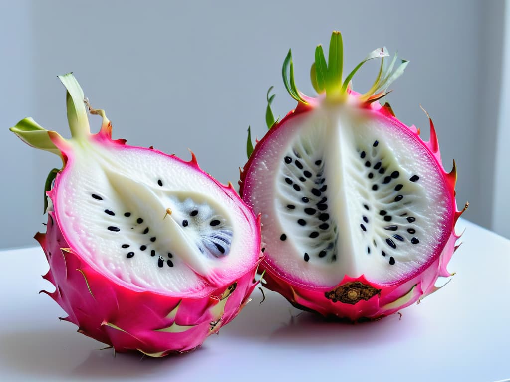  A closeup, ultradetailed image of a vibrant purple dragon fruit, sliced in half to reveal its contrasting white flesh speckled with tiny black seeds. The natural light highlights the intricate pattern of the fruit's skin, showcasing its exotic and visually striking appearance. hyperrealistic, full body, detailed clothing, highly detailed, cinematic lighting, stunningly beautiful, intricate, sharp focus, f/1. 8, 85mm, (centered image composition), (professionally color graded), ((bright soft diffused light)), volumetric fog, trending on instagram, trending on tumblr, HDR 4K, 8K