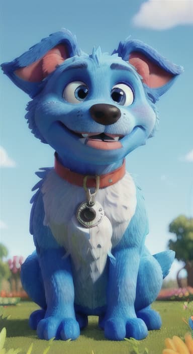  {Max carefully picking up the ball with his teeth without disturbing the flowers, The big blue dog is large with sky blue fur, big round eyes, a black nose, and floppy ears.