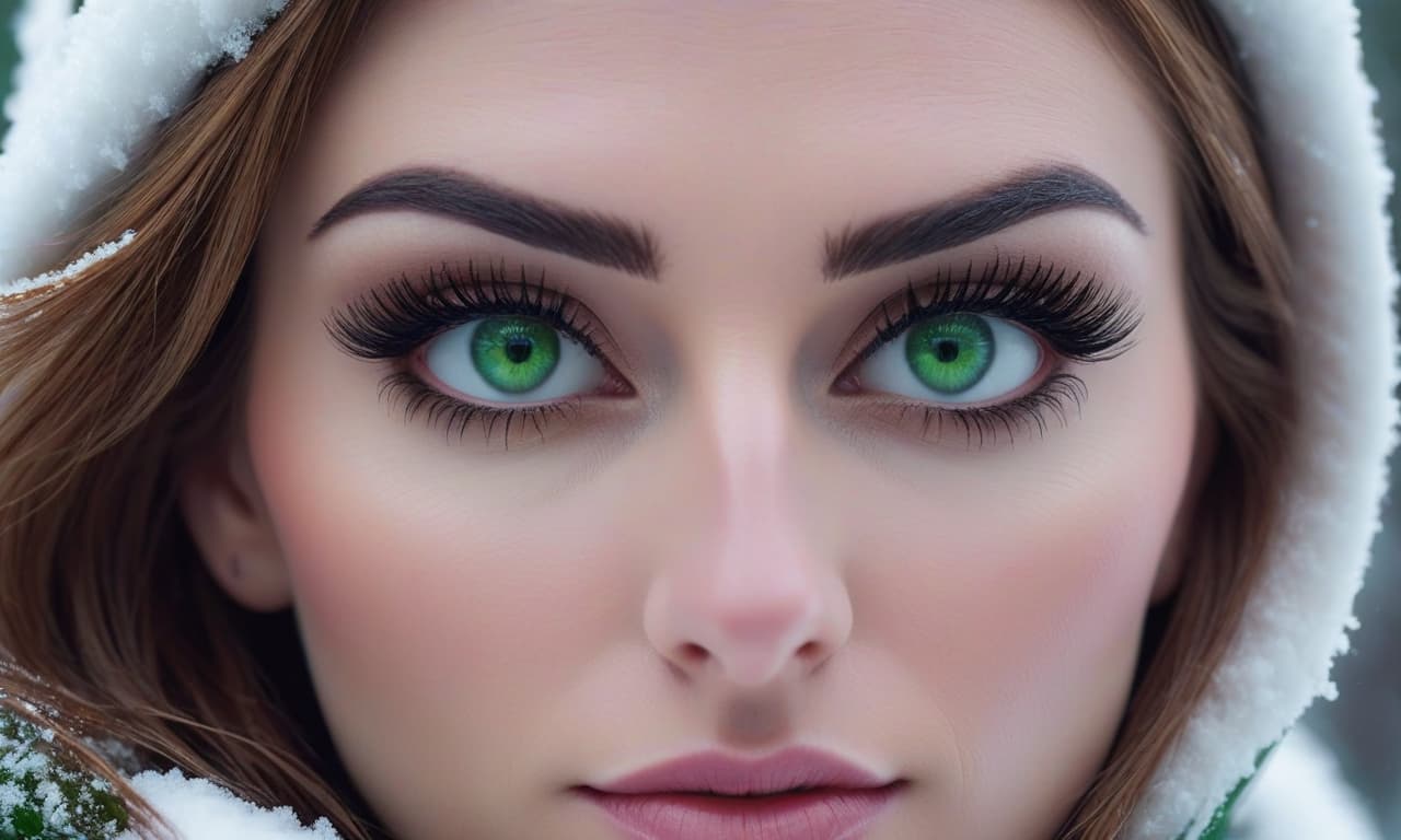  Snow on the eyelashes of the girl with green eyes. hyperrealistic, full body, detailed clothing, highly detailed, cinematic lighting, stunningly beautiful, intricate, sharp focus, f/1. 8, 85mm, (centered image composition), (professionally color graded), ((bright soft diffused light)), volumetric fog, trending on instagram, trending on tumblr, HDR 4K, 8K