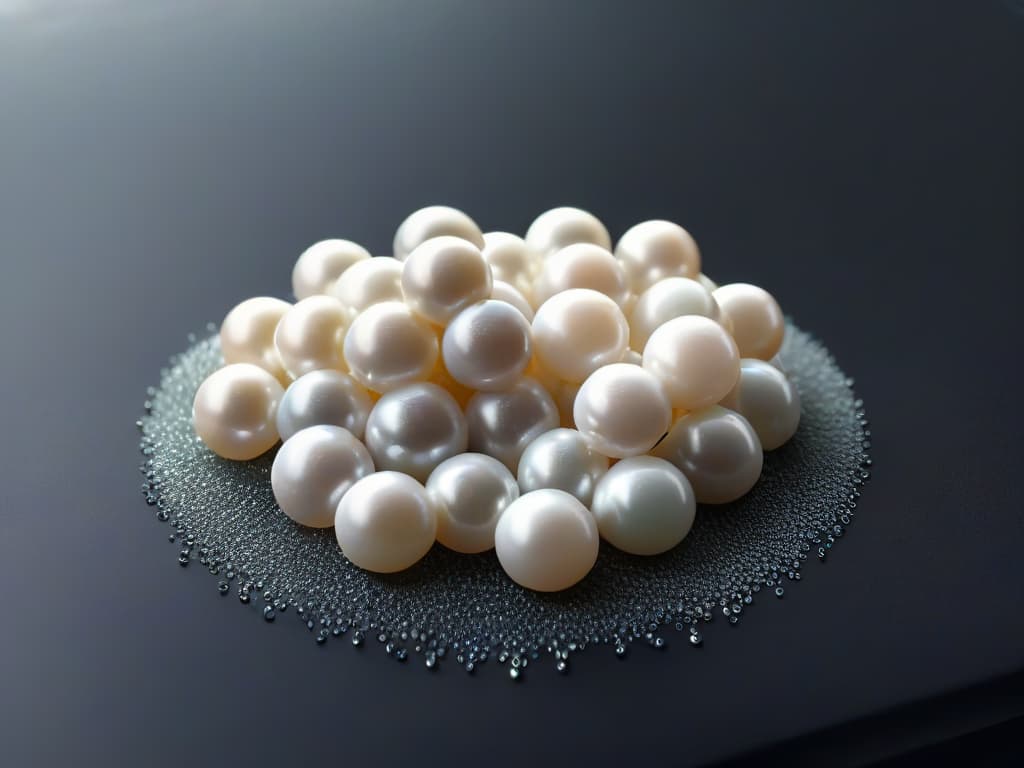  A closeup, ultradetailed image of a small heap of round, translucent tapioca pearls resting on a sleek, matte black surface. The pearls are perfectly uniform in size, with a subtle shine reflecting the soft ambient light, showcasing their smooth texture and natural sheen. Each pearl is delicately translucent, revealing a hint of the surface below, creating a mesmerizing pattern of light and shadow across the arrangement. The simplicity of the composition highlights the purity and elegance of this essential ingredient in Asian desserts, evoking a sense of sophistication and culinary artistry. hyperrealistic, full body, detailed clothing, highly detailed, cinematic lighting, stunningly beautiful, intricate, sharp focus, f/1. 8, 85mm, (centered image composition), (professionally color graded), ((bright soft diffused light)), volumetric fog, trending on instagram, trending on tumblr, HDR 4K, 8K