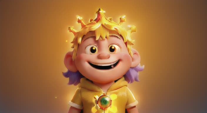  {Giggles beaming with joy as he wears the glowing crown, surrounded by a warm, golden light., Giggles' face lights up with a radiant smile as he basks in the glow of the magical crown. He feels a sense of contentment like never before.