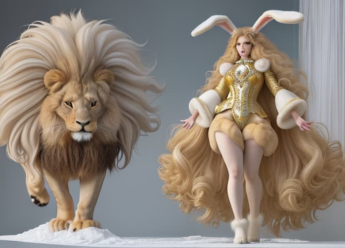  a full body hyperrealistic image of a lion with the fluffy legs of a rabbit, a whimsical and surreal hybrid creature. The Lion's mane is a cascade of detailed golden fur, contrasting with the rabbits soft white fur on its legs. The proportions are mismatched, with the rabbit legs much smaller than the powerful lion body. render in a realistic style with seamless color transitions