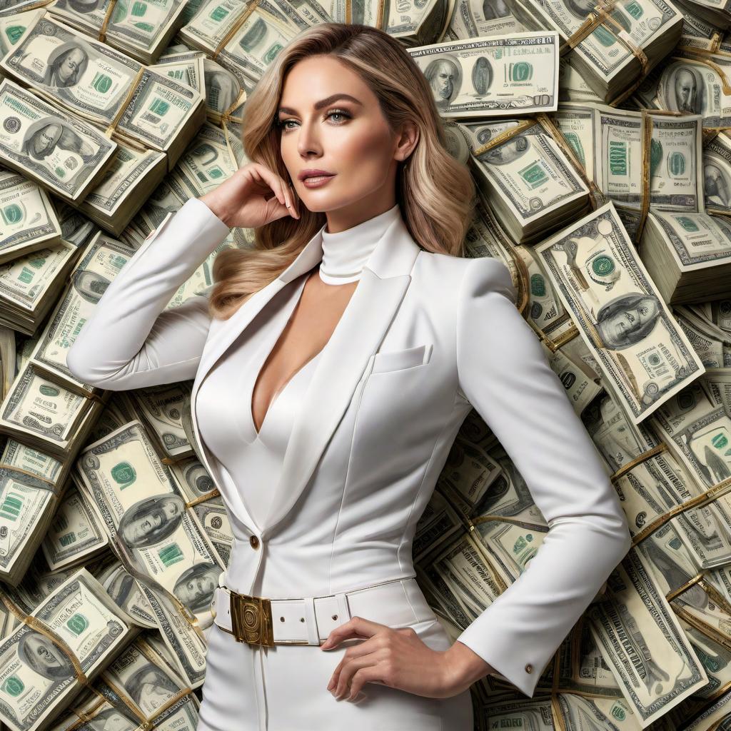  A detailed image of a white woman counting $1,000,000,000. The setting should be indoors, possibly in an office or a room with modern decor. The woman should have a focused expression, and she is surrounded by piles of cash, mostly in $100 bills. The atmosphere should evoke a sense of wealth, success, and meticulous work. hyperrealistic, full body, detailed clothing, highly detailed, cinematic lighting, stunningly beautiful, intricate, sharp focus, f/1. 8, 85mm, (centered image composition), (professionally color graded), ((bright soft diffused light)), volumetric fog, trending on instagram, trending on tumblr, HDR 4K, 8K