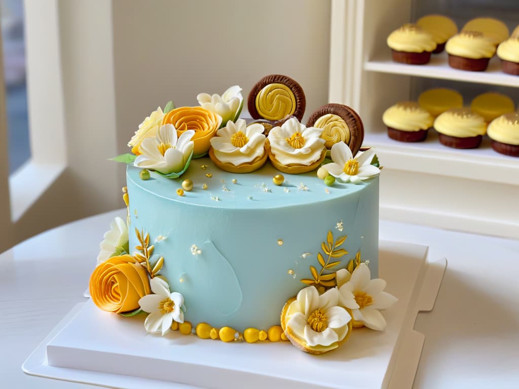  An exquisitely decorated threetiered cake standing on a marble countertop, adorned with delicate sugar flowers, intricate piping details, and shimmering edible gold leaf accents. The cake is surrounded by an array of pastelcolored macarons, dainty cupcakes with swirled frosting, and artisanal chocolates, all displayed on elegant cake stands. Soft natural light filters through a nearby window, casting a gentle glow on the meticulously crafted desserts, highlighting their impeccable design and inviting aesthetic. hyperrealistic, full body, detailed clothing, highly detailed, cinematic lighting, stunningly beautiful, intricate, sharp focus, f/1. 8, 85mm, (centered image composition), (professionally color graded), ((bright soft diffused light)), volumetric fog, trending on instagram, trending on tumblr, HDR 4K, 8K