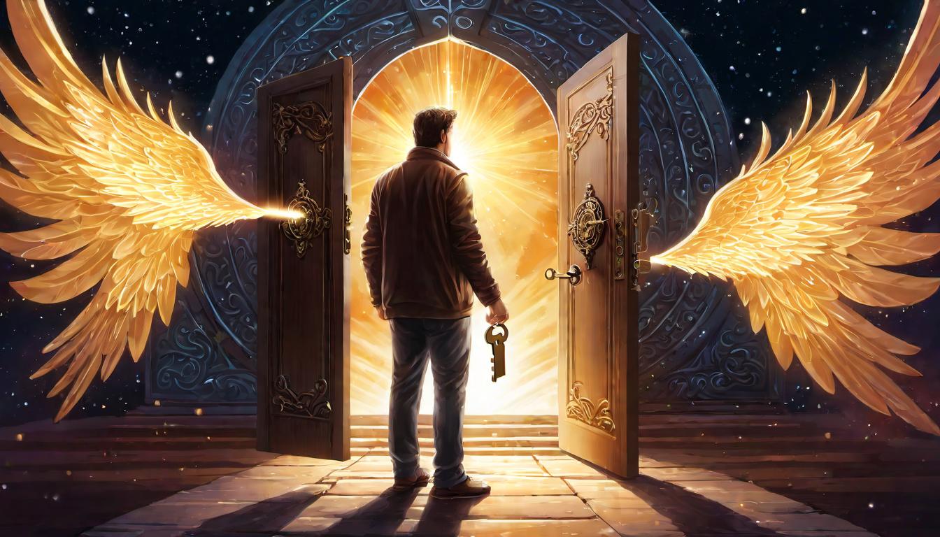  digital illustration, Hands holding a key emanating light, unlocking a glowing door shaped like the universe, hope as the key, belief unlocking potential, divine gateway, universal access, realization of divine nature, looking at viewer, dynamic pose, (intricate details, masterpiece, best quality)