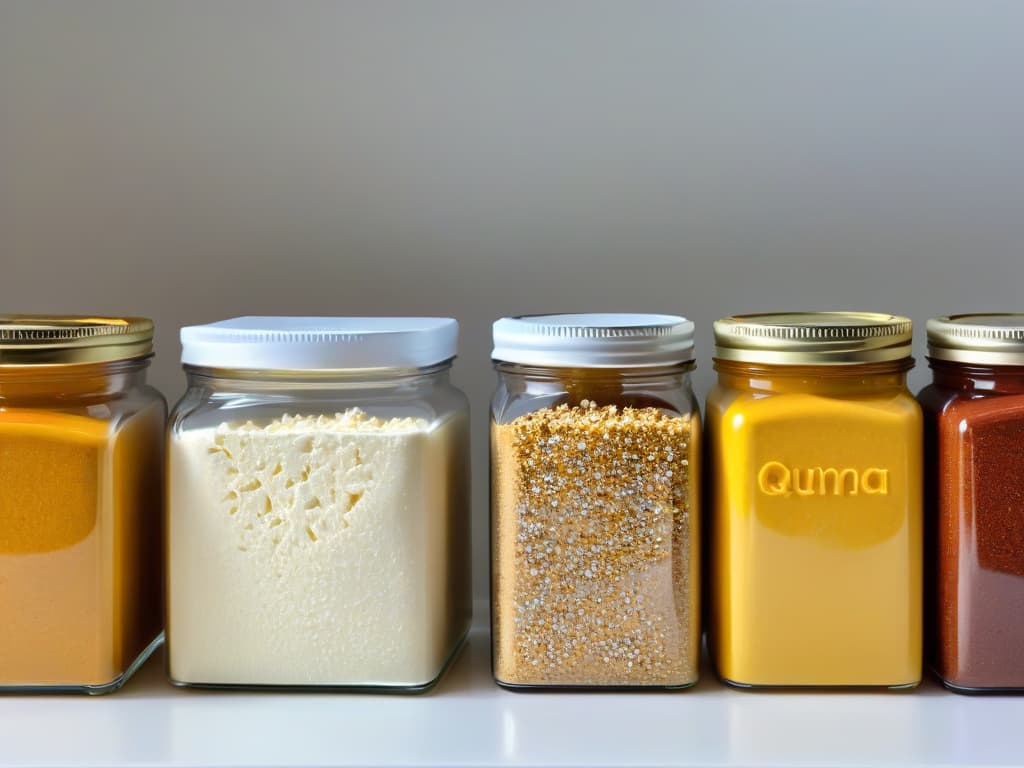  A closeup, ultradetailed image of a variety of colorful alternative flours neatly arranged in small glass jars on a sleek, minimalist white countertop. Each jar is labeled with a different flour type, showcasing the unique textures and colors of quinoa flour, chickpea flour, almond flour, and coconut flour. The soft natural light illuminates the grains, creating a visually striking and informative composition for the article on baking with alternative flours. hyperrealistic, full body, detailed clothing, highly detailed, cinematic lighting, stunningly beautiful, intricate, sharp focus, f/1. 8, 85mm, (centered image composition), (professionally color graded), ((bright soft diffused light)), volumetric fog, trending on instagram, trending on tumblr, HDR 4K, 8K