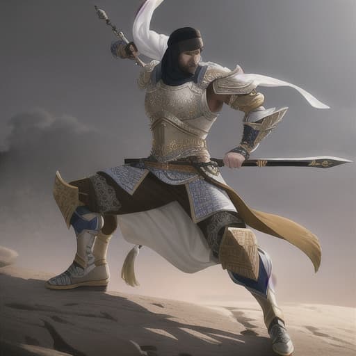  a muslim warrior hyperrealistic, full body, detailed clothing, highly detailed, cinematic lighting, stunningly beautiful, intricate, sharp focus, f/1. 8, 85mm, (centered image composition), (professionally color graded), ((bright soft diffused light)), volumetric fog, trending on instagram, trending on tumblr, HDR 4K, 8K