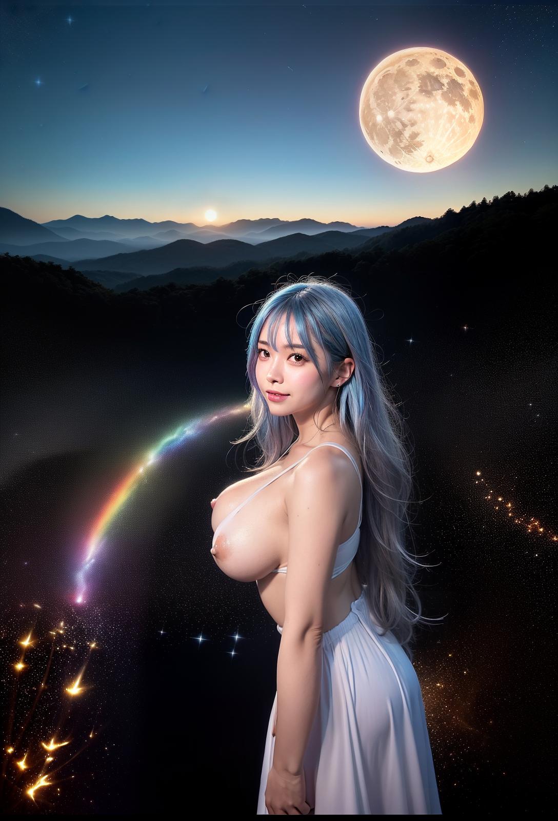  Highest quality, 4K, high resolution, realistic, night sky, moon, star, beautiful woman, full time smile, big eyes, plump breasts, narrow waist, outstanding style, narrow ankle, wide landscape photo , Light blue hair, (seen from below, the sky is above, and the open field is below), (full moon: 1.2), (Meteor: 0.9), (Meteor: 0.9), (Meteor: 0.9) Nebula: 1.3), distant mountains, trees destroy art, (warm light: 1.2), (fireflies: 1.2), Light, purple and orange, complex details, volumetric lighting break (masterpiece: 1.2), (Maximum quality), 4K, super detail, (dynamic configuration: 1.4), rich colors, (rainbow color: 1.2), (shine, lighting with atmosphere), dreamy, magic, (per person : 1.2), (Masterpiece, BestQuality:1.3), (ultra detailed:1.2)