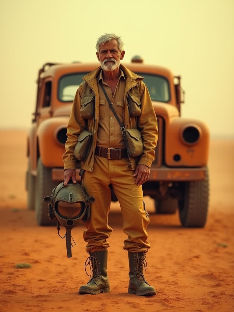  capture an editorial photography session featuring an indian senior male, aged between 50 59, with dyed hair. he is dressed in combat boots and holds a pilot helmet, positioned in a vast, arid desert landscape. the setting emulates a post apocalyptic movie still, akin to a mad max scene, complete with a rusty vehicle in the background. the atmosphere is tense, enhanced by a film grain effect using cinestill 800t. the color scheme features warm and inviting tones of reds, oranges, and yellows (rgb: red 255,0,0; orange 255,165,0; yellow 255,255,0), adding a dramatic flair. the image includes front, side, and back views of the character, with the background intricately blurred to accentuate the stunning beauty of the scene.