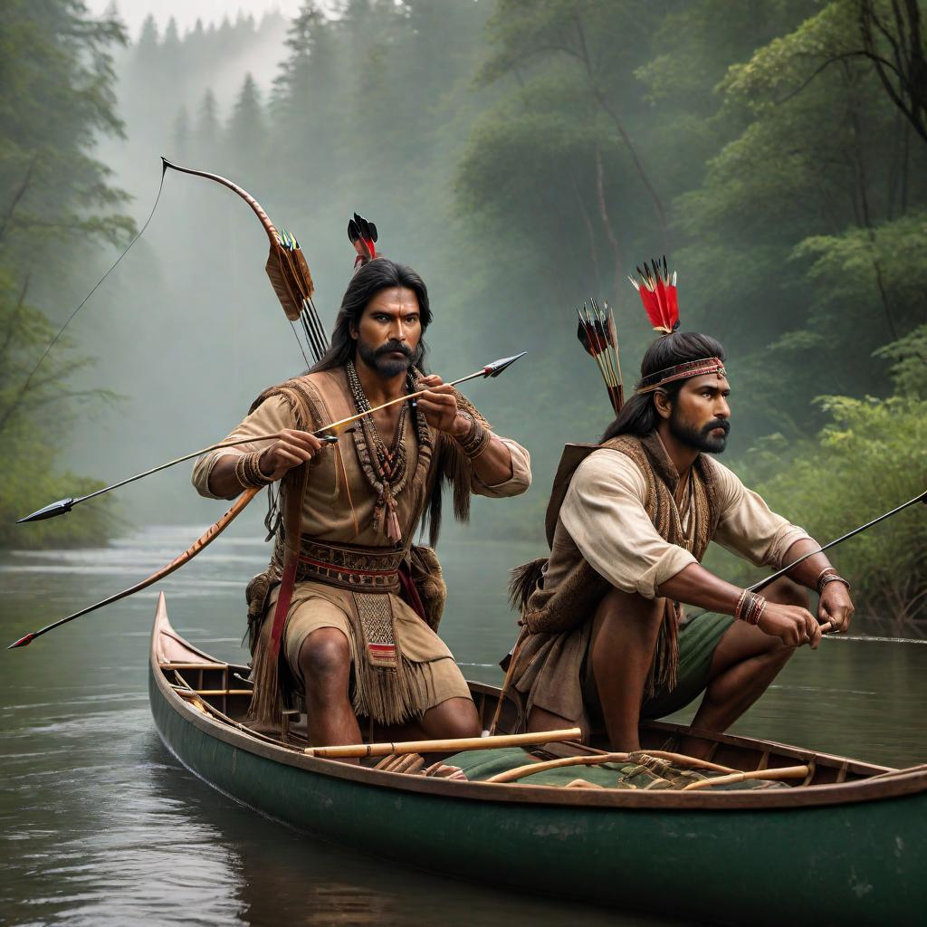  Two Indian hunters, in a canoe, one with a bow and arrow, one pointing at something he sees. They are silently gliding through a misty river, surrounded by a dense forest. Their expressions are focused and they are in traditional clothing, embodying the essence of skilled trackers on the hunt. hyperrealistic, full body, detailed clothing, highly detailed, cinematic lighting, stunningly beautiful, intricate, sharp focus, f/1. 8, 85mm, (centered image composition), (professionally color graded), ((bright soft diffused light)), volumetric fog, trending on instagram, trending on tumblr, HDR 4K, 8K