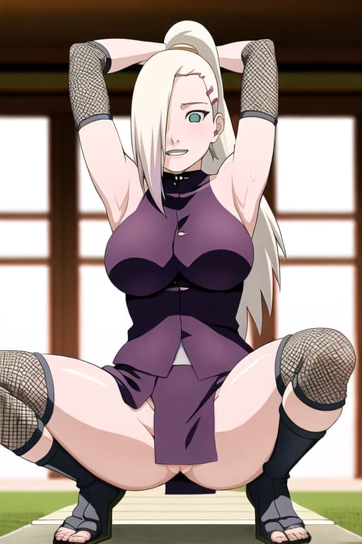  (yamanaka_ino:1.2), hair down,(masterpiece, best quality:1.2), illustration, absurdres, highres, extremely detailed,,squatting,arms up,middle finger,,sexually suggestive,naked_robe,ecstasy face