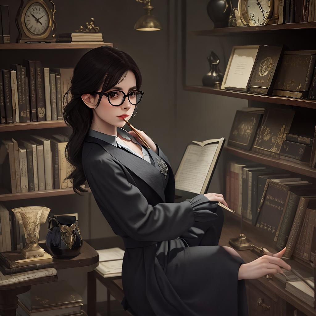  masterpiece, best quality,moody whimsical evil librarian,