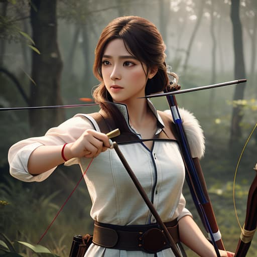  An archer female , shooting her bow, hyperrealistic, high quality, highly detailed, cinematic lighting, intricate, sharp focus, f/1. 8, 85mm, (centered image composition), (professionally color graded), ((bright soft diffused light)), volumetric fog, trending on instagram, HDR 4K, 8K