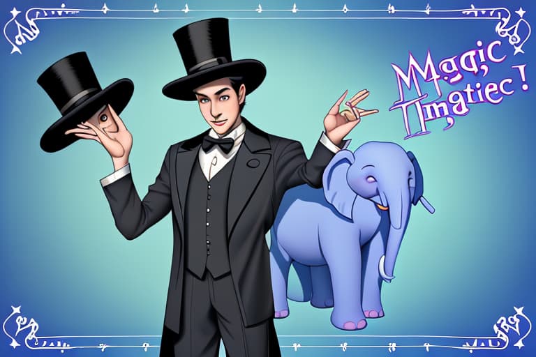  Flyer for magic act named it’s “only magic” . Also create cartoon elephant with top hat . On top hat write “ magic “ . Presenting magic For all ages and events . “Only Magic “teaches social emotional learning through amazement of magic