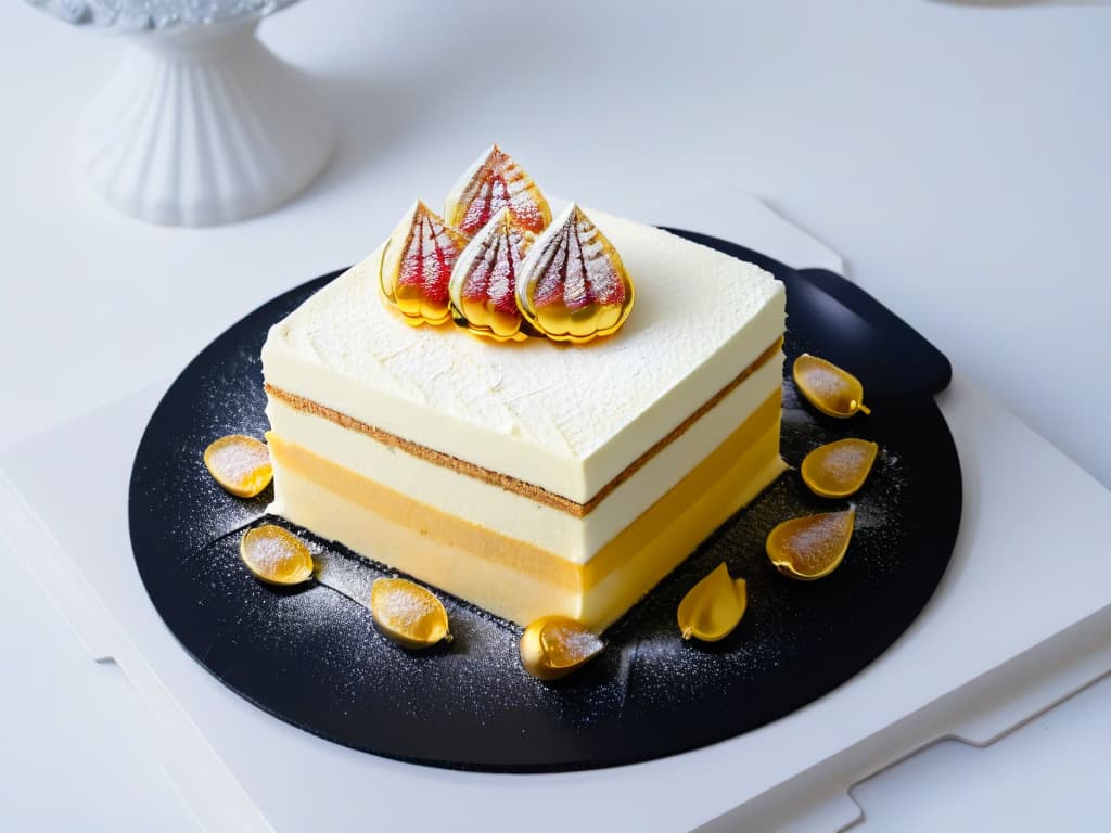  A minimalist, ultradetailed image of a modern interpretation of a classic British dessert, showcasing intricate layers of sponge cake, delicate swirls of frosting, and a dusting of edible gold leaf on top. The dessert is elegantly presented on a sleek, matte black plate, set against a simple, white backdrop to emphasize its contemporary aesthetic and highend appeal. hyperrealistic, full body, detailed clothing, highly detailed, cinematic lighting, stunningly beautiful, intricate, sharp focus, f/1. 8, 85mm, (centered image composition), (professionally color graded), ((bright soft diffused light)), volumetric fog, trending on instagram, trending on tumblr, HDR 4K, 8K