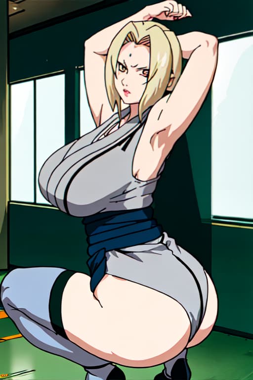  (Tsunade:1.2),detailed eyes, Perfect features, (masterpiece), (best quality:1.4), absurdres, [:intricate details:0.2], moist skin, shiny skin, glossy skin,fat_mons,,squatting,arms up,middle finger,,sexually suggestive,white Stocking,lace-trimmed_legwear,gigantic_ass,veiny