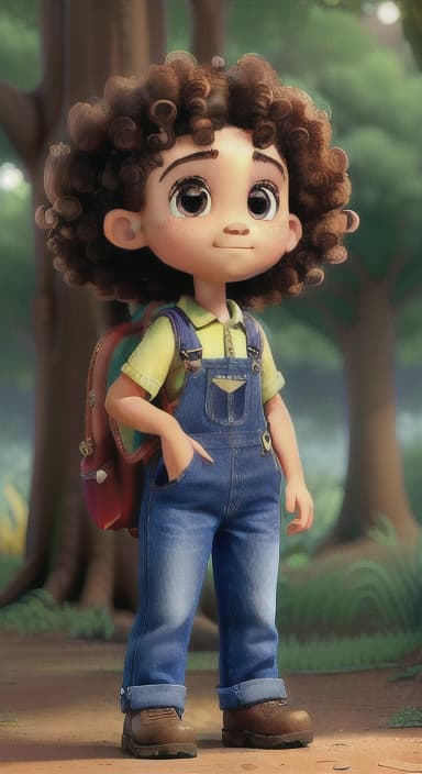  {The tree with a twinkling eye, while its leaves gently rustle., Riley, a curious with big brown eyes and curly hair, wearing overalls and carrying a small backpack. Their friend, Skye, a bluebird with shiny feathers.