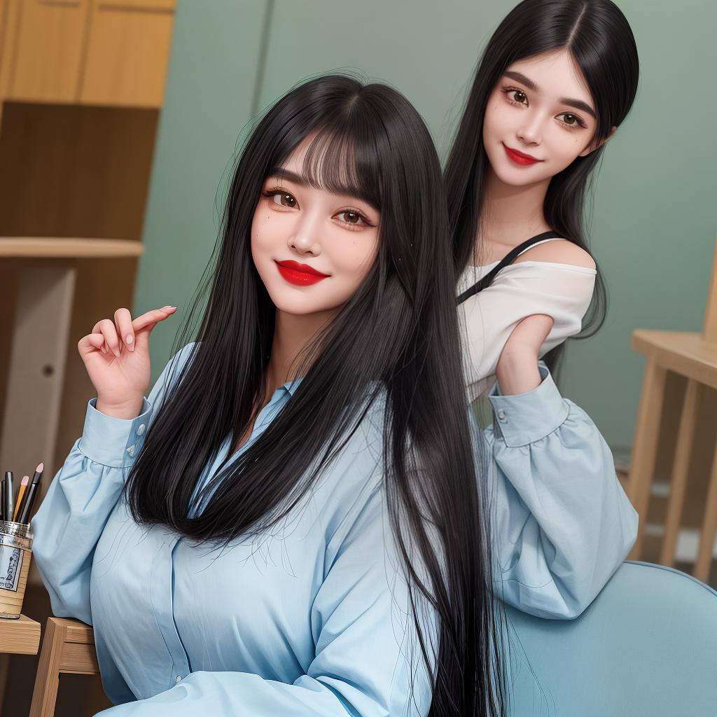  masterpiece, best quality, female,(Q version character: 0.9), teacher, bushy eyebrows, watery big eyes, lipstick, raised eyebrows, smile, long hair, black hair, asymmetrical bangs, straight hair