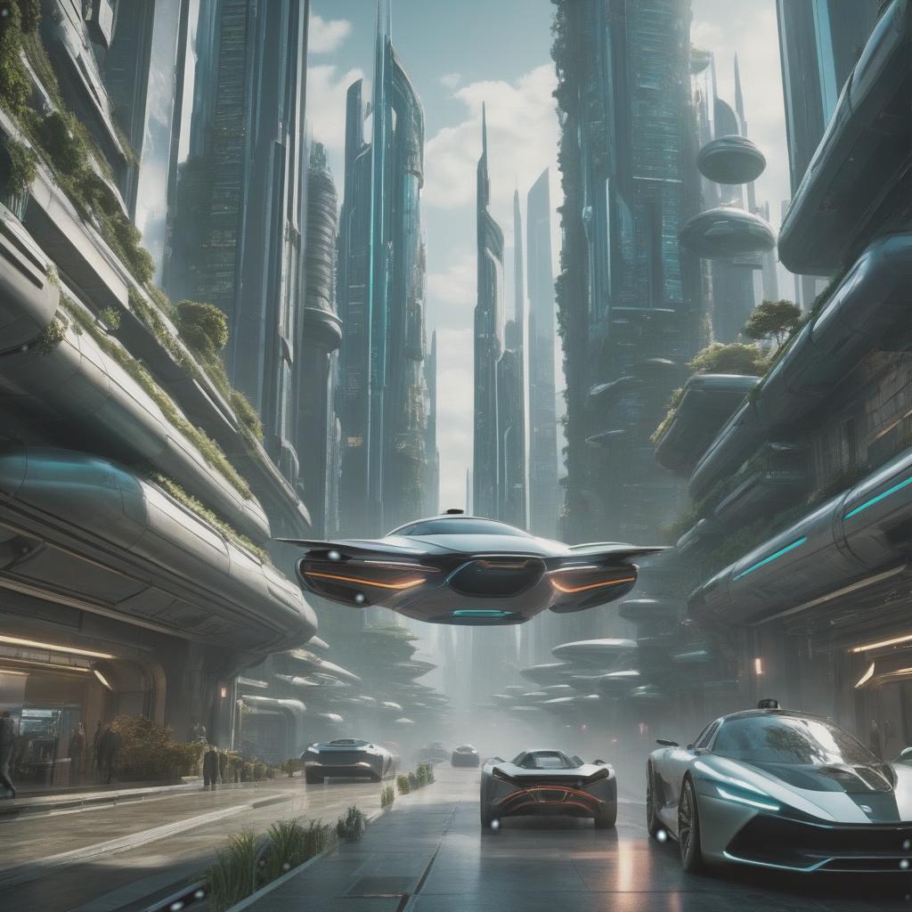  (masterpiece:1.2), image of cityscape of the future, tall skyscrapers, dark alleys, (flying cars:1.3), (futuristic:1.5), green city, ecofuturism, technological, Best quality, day, dramatic light, high resolution, 35mm photograph, film, bokeh, professional, 4k hyperrealistic, full body, detailed clothing, highly detailed, cinematic lighting, stunningly beautiful, intricate, sharp focus, f/1. 8, 85mm, (centered image composition), (professionally color graded), ((bright soft diffused light)), volumetric fog, trending on instagram, trending on tumblr, HDR 4K, 8K