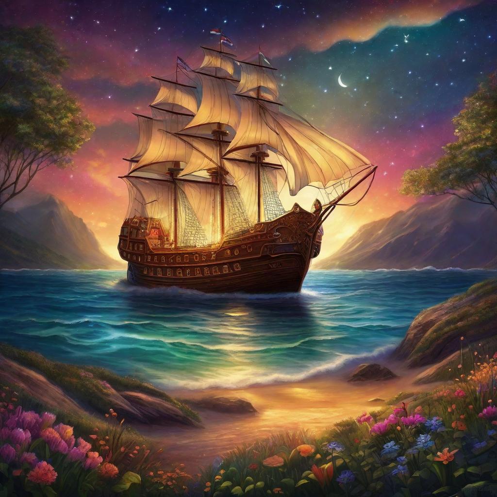  Prompt: "Imagine a whimsical night scene which is unfolding straight from an enchanted storybook. In the center, we see a blanket magically transforming into a delightful ship. This ship is not an ordinary one; it's colorful, somewhat fluffy like a blanket, and has a warm and inviting aura about it. On the ship, there is a wide-eyed child and their mother, filled with anticipation and excitement for the journey they are about to embark on. They are both looking at a map, plotting their course to a mysterious island that lies just on the horizon, visible in the distant calm sea. Above them, the night sky is in full splendor, sprinkled with sparkling stars that have never been brighter and a few fluffy clouds that occasionally reveal a pe hyperrealistic, full body, detailed clothing, highly detailed, cinematic lighting, stunningly beautiful, intricate, sharp focus, f/1. 8, 85mm, (centered image composition), (professionally color graded), ((bright soft diffused light)), volumetric fog, trending on instagram, trending on tumblr, HDR 4K, 8K