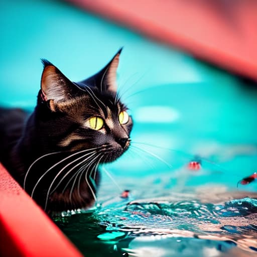 nvinkpunk a cute cat is swimming hyperrealistic, full body, detailed clothing, highly detailed, cinematic lighting, stunningly beautiful, intricate, sharp focus, f/1. 8, 85mm, (centered image composition), (professionally color graded), ((bright soft diffused light)), volumetric fog, trending on instagram, trending on tumblr, HDR 4K, 8K
