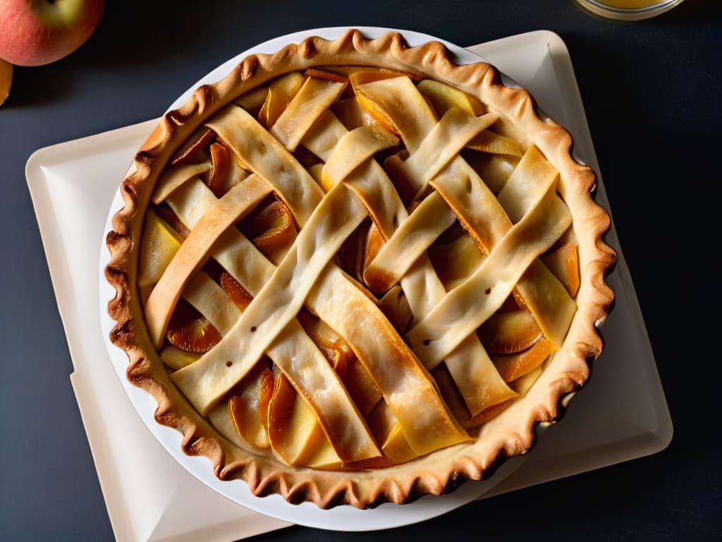  A closeup, ultradetailed image of a perfectly goldenbrown apple pie just out of the oven, with steam gently rising from its flaky crust. The lattice pattern on top is intricate, showcasing the skill and precision required in baking. The lighting is soft, highlighting the textures and colors of the pie, making it look both inviting and expertly crafted. hyperrealistic, full body, detailed clothing, highly detailed, cinematic lighting, stunningly beautiful, intricate, sharp focus, f/1. 8, 85mm, (centered image composition), (professionally color graded), ((bright soft diffused light)), volumetric fog, trending on instagram, trending on tumblr, HDR 4K, 8K