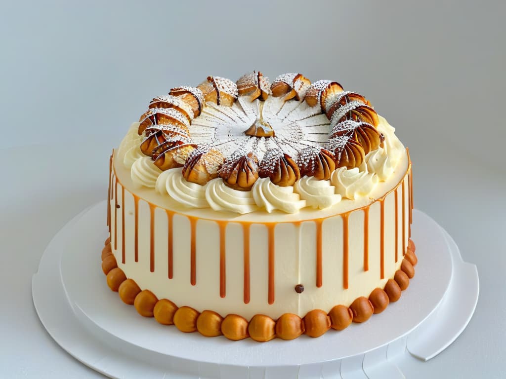  A closeup, ultradetailed image of a decadent triplelayer macadamia nut cake, showcasing the intricate layers of moist cake, creamy frosting, and crunchy macadamia nuts on top. The cake is elegantly decorated with a minimalist touch, featuring a subtle drizzle of caramel and a sprinkle of finely chopped nuts, all set against a clean, white backdrop to emphasize the luxurious and professional presentation. hyperrealistic, full body, detailed clothing, highly detailed, cinematic lighting, stunningly beautiful, intricate, sharp focus, f/1. 8, 85mm, (centered image composition), (professionally color graded), ((bright soft diffused light)), volumetric fog, trending on instagram, trending on tumblr, HDR 4K, 8K