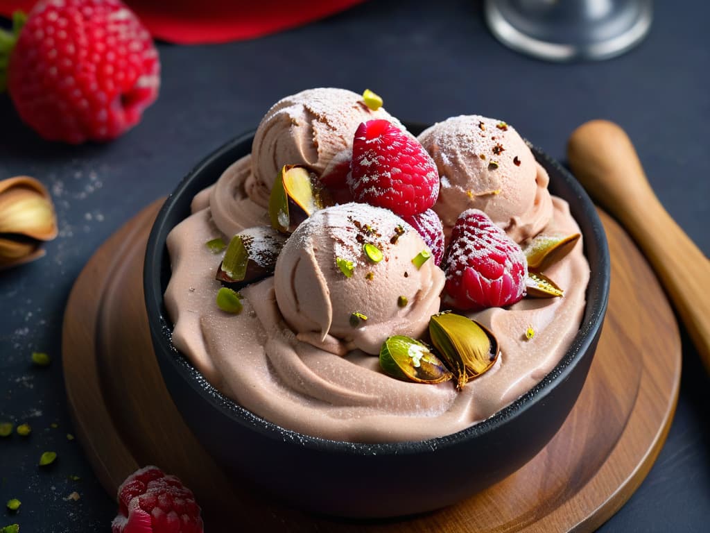  An ultradetailed closeup image of a scoop of creamy vegan chocolate ice cream, topped with fresh raspberries and a sprinkle of crushed pistachios, presented on a sleek, matte black ceramic bowl. The ice cream is perfectly round, with a glossy finish that reflects the soft ambient lighting in the room, highlighting the rich brown color of the dessert. The raspberries glisten with natural juices, adding a pop of vibrant red to the composition, while the crushed pistachios provide a textural contrast against the smooth surface of the ice cream. The minimalistic presentation emphasizes the beauty and indulgence of this dairyfree treat. hyperrealistic, full body, detailed clothing, highly detailed, cinematic lighting, stunningly beautiful, intricate, sharp focus, f/1. 8, 85mm, (centered image composition), (professionally color graded), ((bright soft diffused light)), volumetric fog, trending on instagram, trending on tumblr, HDR 4K, 8K